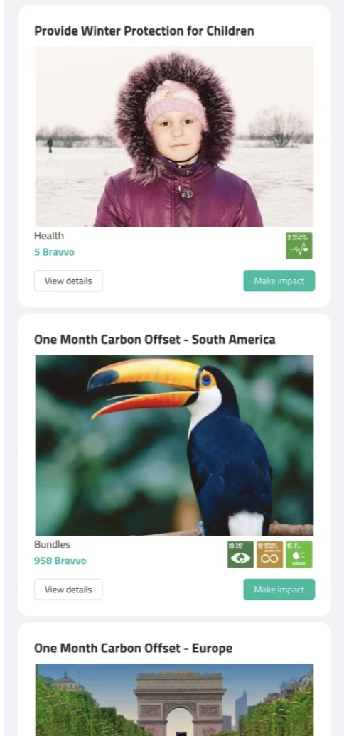 Mobile app screenshot showing environmental impact options and carbon offset information