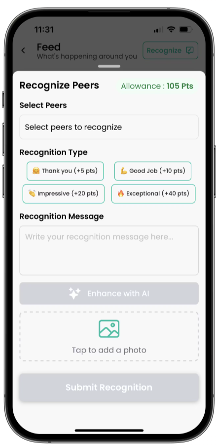 Mobile interface showing the peer recognition flow