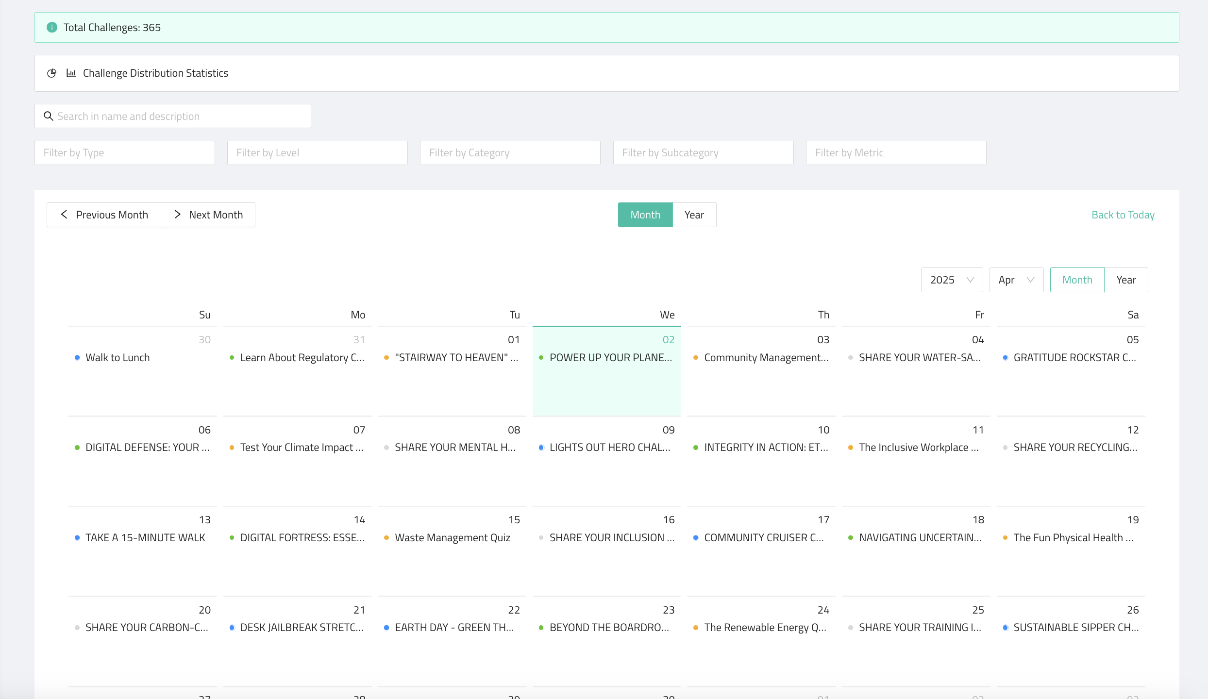 Monthly calendar view of scheduled sustainability challenges
