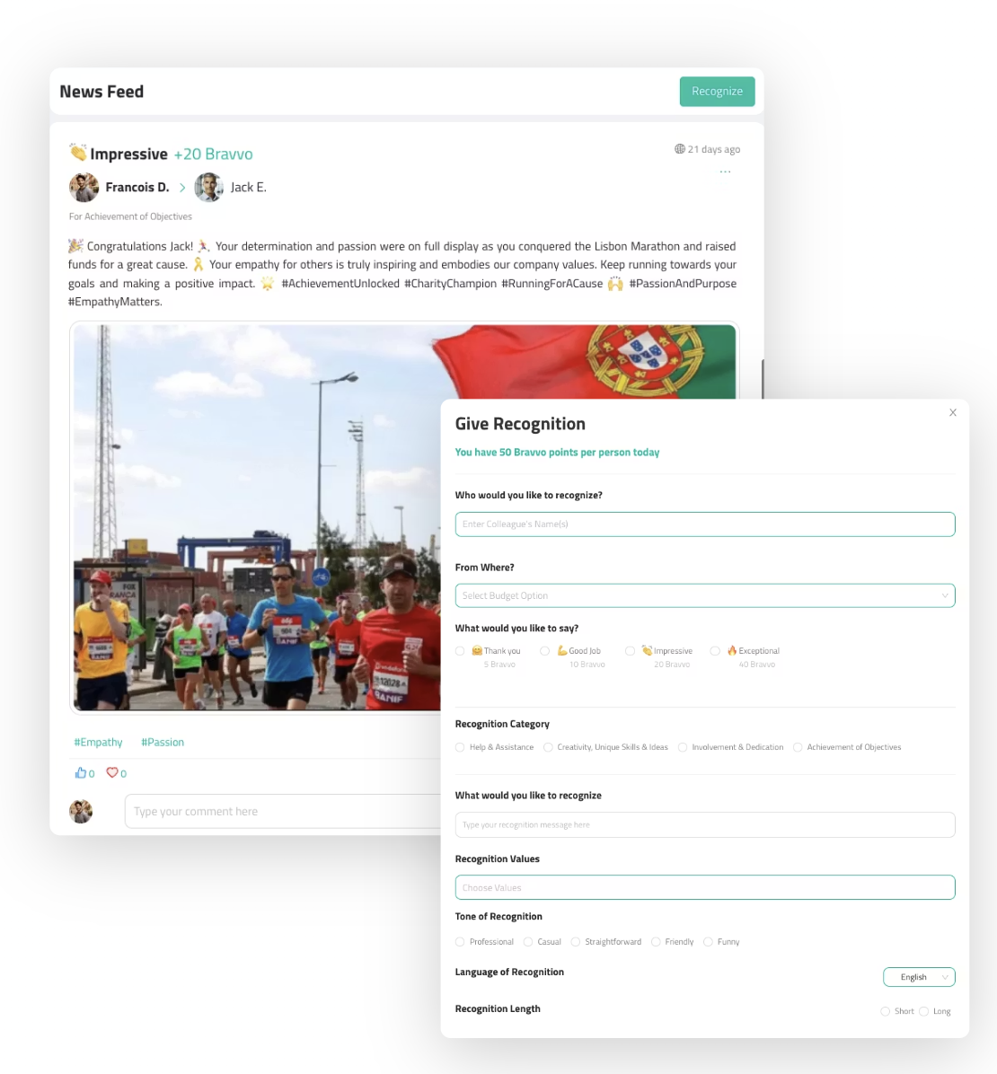 Peer recognition interface showing recognition between colleagues